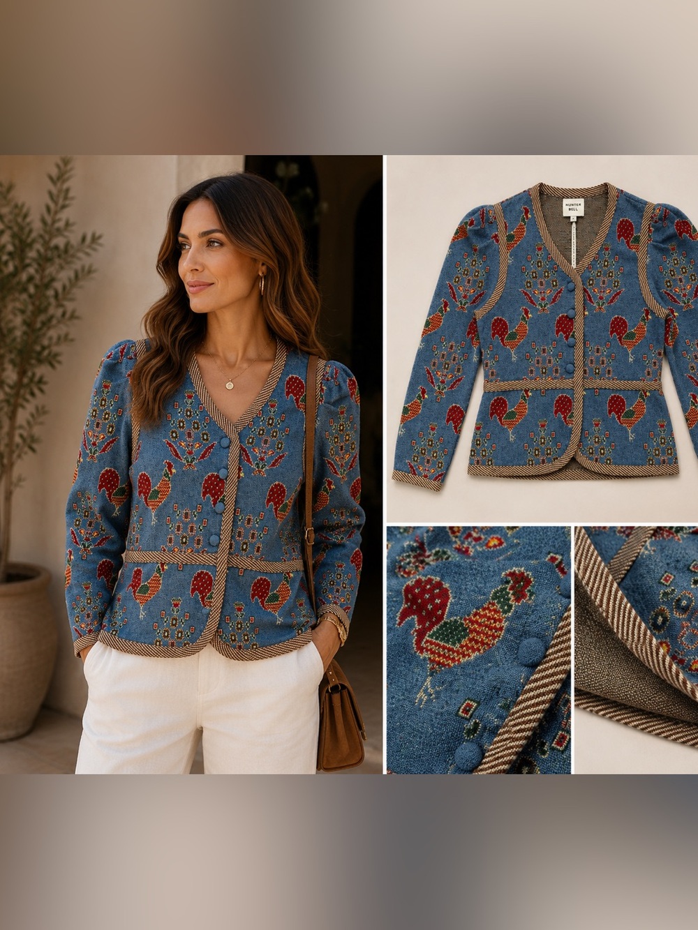 HUNTER BELL - Rare Blue Cardigan with Chickens NWT